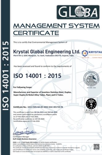 Krystal Global Engineering Limited is manufacturer of Tubes, Pipes, Duplex, Super Duplex, U Tubes, Coil Formed Tubes and is approved by ISO 14001:2015 and other different various organisations.